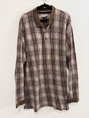 Men's "Grandpa Core" Long-Sleeve Plaid Button-Down Polo in Olive and Beige
